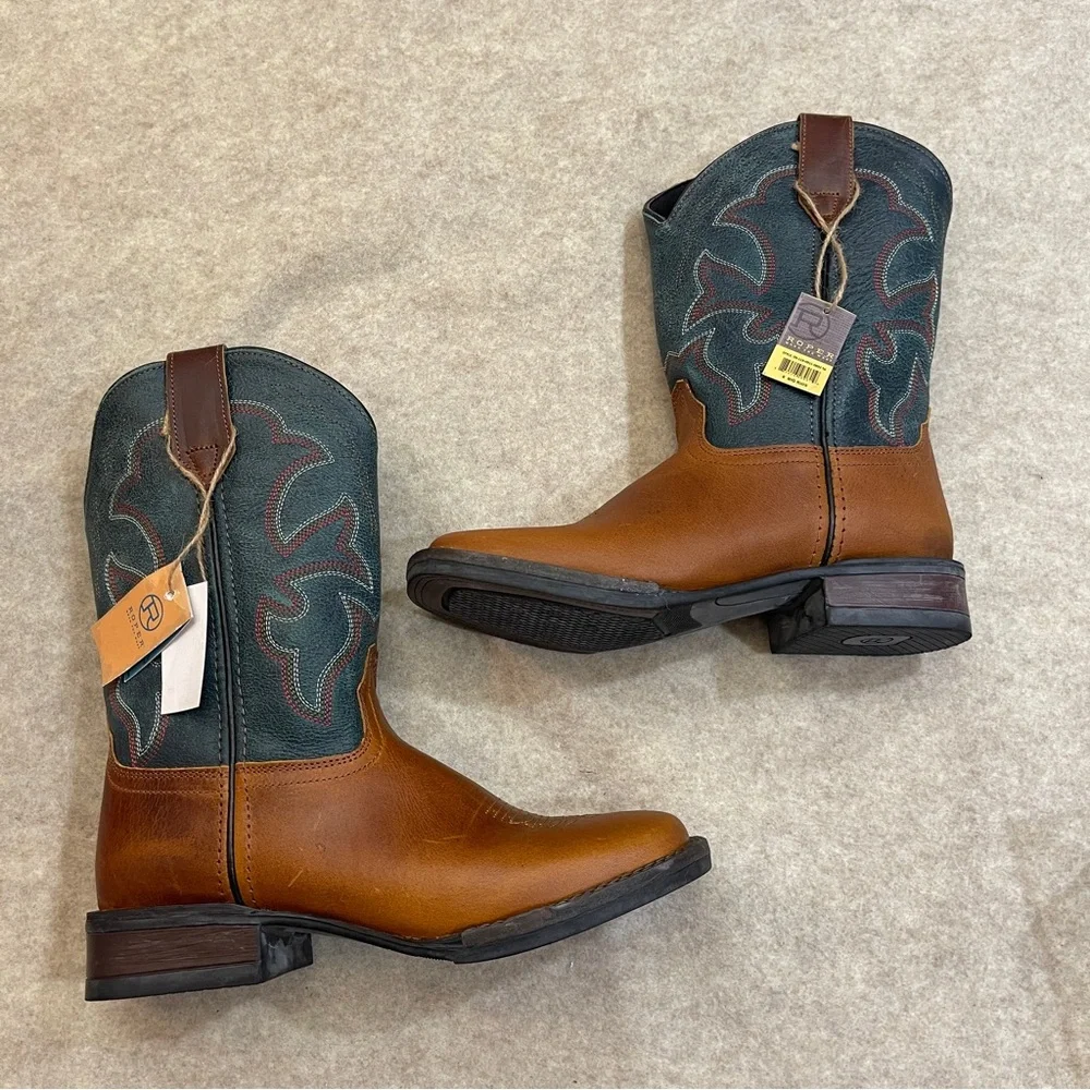 Roper Square Toe Brown Leather Upper Big Boys Western Cowboy Boots New